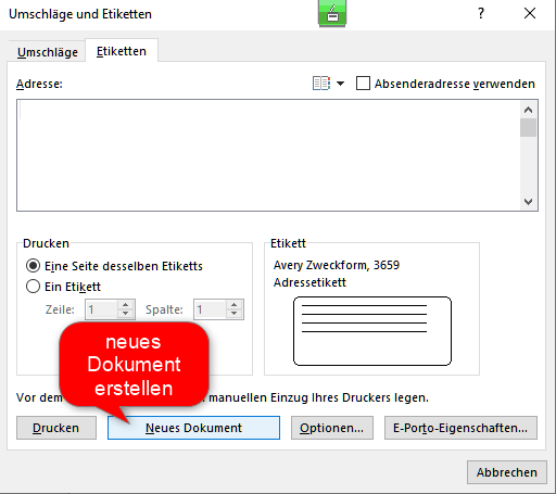 So wählen Sie die Vorlage Avery Zweckform 3659 in Word aus