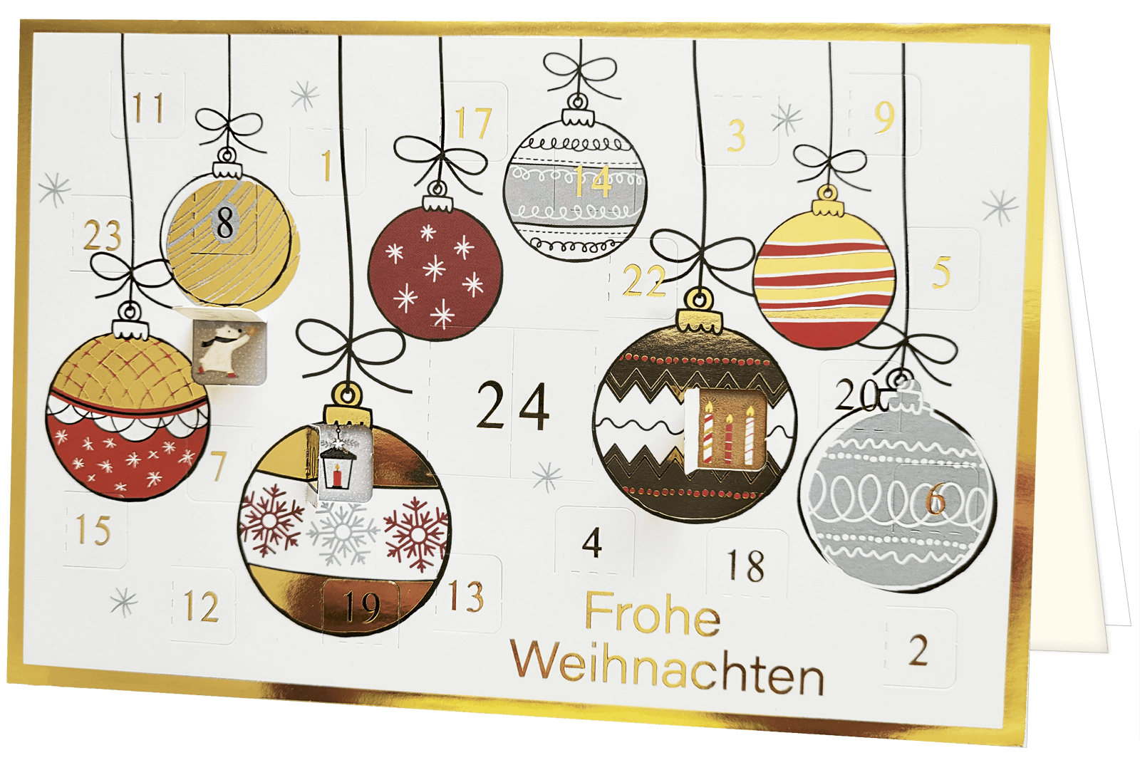 Adventskalenderkarte mit drei geöffneten Türchen
