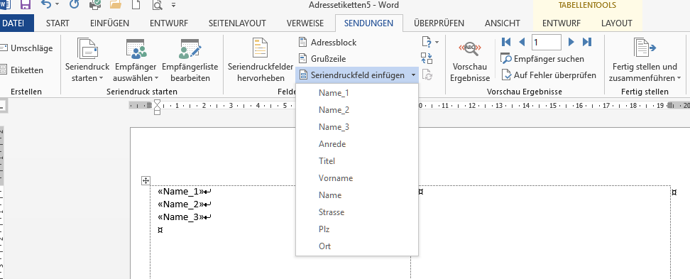 So fügen Sie mit WORD die Seriendruckfelder in die einzelnen Etiketten ein